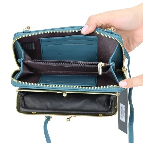 Teal Green Faux Leather Purse Wallet Cross Body Shoulder Bag Clutch Coin Purse - Picture 7 of 8